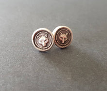 Load image into Gallery viewer, Fox earrings. Antique wax letter seal, sterling silver stud earrings. Wisdom and wit.