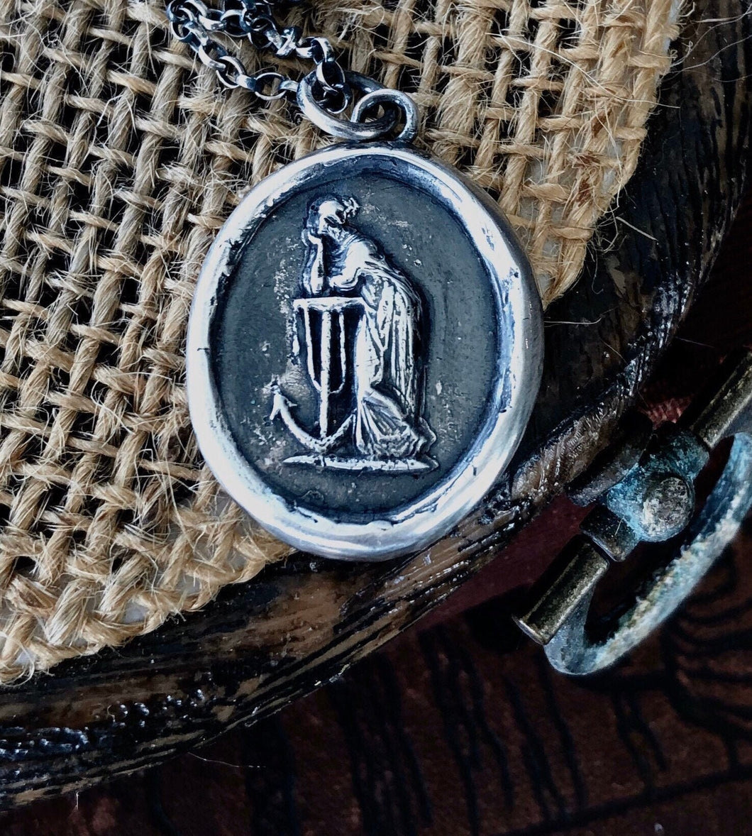 hope Sustains..... lady and anchor, wax seal impression, sterling silver, faith and hope