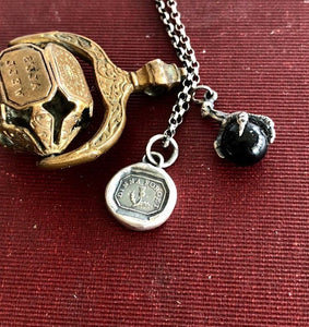 Dinna forget, tiny antique wax letters seal impression, silver handmade pendant.