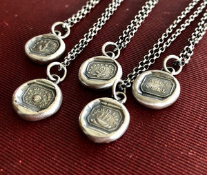 Dinna forget, tiny antique wax letters seal impression, silver handmade pendant.