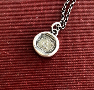 Dinna forget, tiny antique wax letters seal impression, silver handmade pendant.