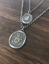 Load image into Gallery viewer, Stand Sure, English heraldry wax seal impression. Ocean themed family crest.  Sterling silver handmade pendant.