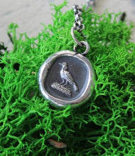 Load image into Gallery viewer, Great crow pendant, antique wax seal raven amulet. Small sterling statement jewelry. Heraldry &#39;knowledge&#39; symbolism for student or teacher.