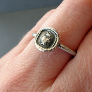 Crowned heart ring, pure love,  wax seal jewelry, sterling silver, amulet