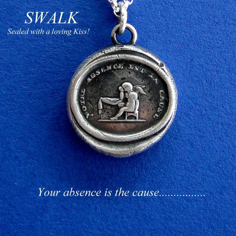 Wax seal impression, sterling silver, sentimental motto, necklace, cupid crying over lost love, loneliness, your absence, handmade charm