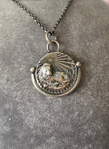 Leo handmade sterling silver pendant. Zodiac sign coin necklace.