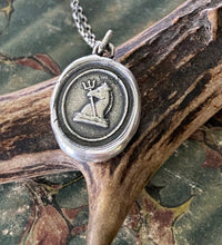 Load image into Gallery viewer, Poseidon&#39;s sea horse, emblem of safe travel, antique wax seal impression on sterling silver.
