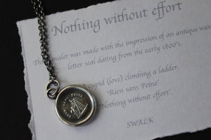 Cupid necklace -  No pain no gain.  Nothing worthwhile is easy. Antique wax letter seal jewelry. handmade Sterling seal jewelry.