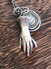 Load image into Gallery viewer, Sterling memento mori, victorian hand pendant. Solid sterling silver mourning pendant.