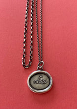 Load image into Gallery viewer, Lou, antique wax letter seal impression.  Sterling silver ‘Lou’ necklace. Louise, Lucy, Luna, Eloise, Lucia, Tallulah, Lucinda.