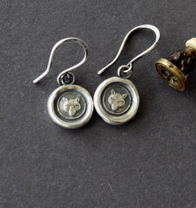 Fox earrings, sterling silver, antique wax letter seal. Wisdom, wit, shrewdness.