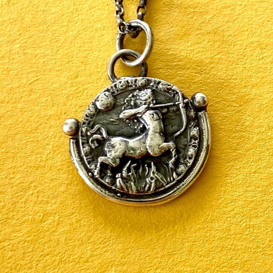 Sagittarius handmade sterling silver pendant. Zodiac sign coin necklace.