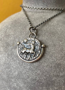 Sagittarius handmade sterling silver pendant. Zodiac sign coin necklace.