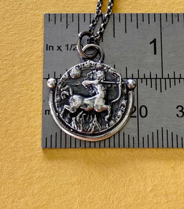 Sagittarius handmade sterling silver pendant. Zodiac sign coin necklace.