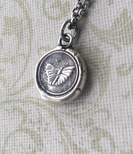 Load image into Gallery viewer, Moth pendant. Rebirth and new beginnings. Antique wax letter seal jewelry, Sterling silver seal with moth impression