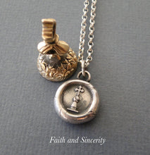 Load image into Gallery viewer, Faith and sincerity… antique wax letter seal impression, sterling silver amulet, religious, , cross, meaningful jewelry, inspirational.