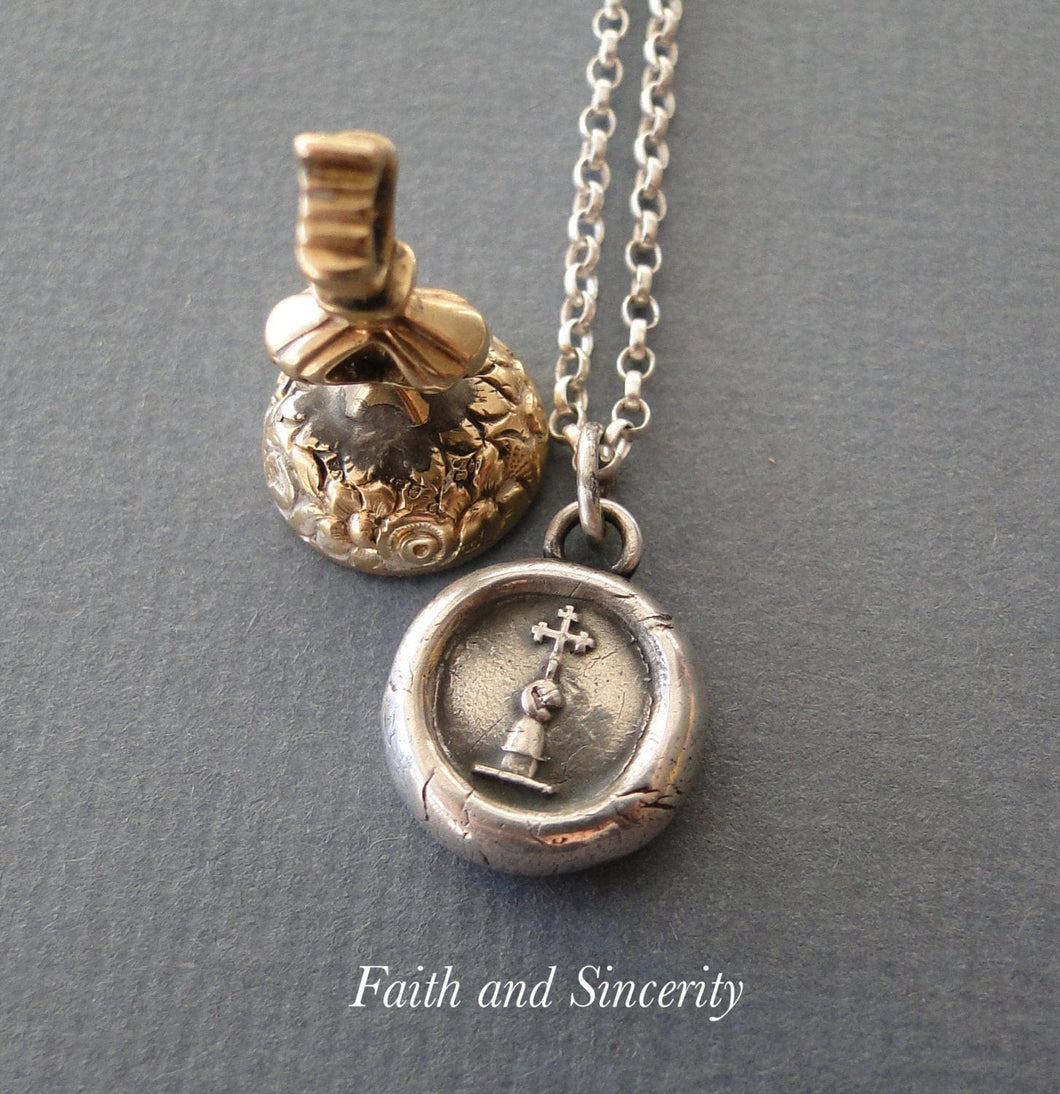 Faith and sincerity… antique wax letter seal impression, sterling silver amulet, religious, , cross, meaningful jewelry, inspirational.