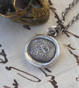 Deeds not words Pendant, actions speaks louder than words.  Life lessons, good advice, antique wax seal amulet.
