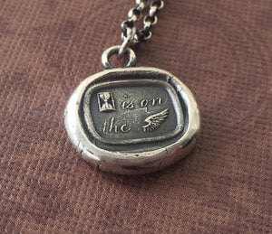 Wings pendant, Antique wax letter seal pendant. sterling silver necklace . Time flies, memento mori jewellery.  Life is short.