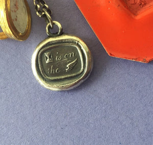 Wings pendant, Antique wax letter seal pendant. sterling silver necklace . Time flies, memento mori jewellery.  Life is short.