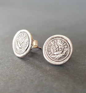 Such is life earrings, ship on rough seas. Antique wax letters seal studs.