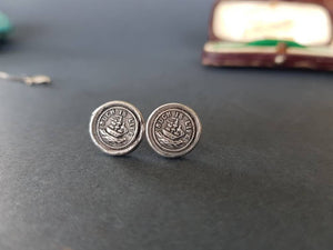 Such is life earrings, ship on rough seas. Antique wax letters seal studs.