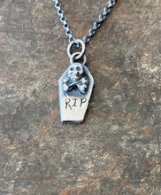 Load image into Gallery viewer, Spooky sterling coffin pendant.  Handmade skull and crossbones, R.I.P memento mori.  Small add on charms for your totem necklace.