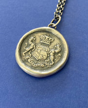 Load image into Gallery viewer, Antique wax letter seal ‘Essayez’ ‘Try’ meaningful inspirational jewellery. Heraldry jewelry, feature lions for courage.