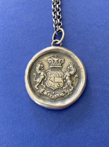 Antique wax letter seal ‘Essayez’ ‘Try’ meaningful inspirational jewellery. Heraldry jewelry, feature lions for courage.