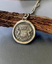 Load image into Gallery viewer, Antique wax letter seal ‘Essayez’ ‘Try’ meaningful inspirational jewellery. Heraldry jewelry, feature lions for courage.