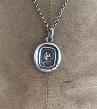Load image into Gallery viewer, Squirrel antique wax letter seal necklacr.  Sterling silver, &#39;frange et inspice&#39; &#39;break and behold&#39;.
