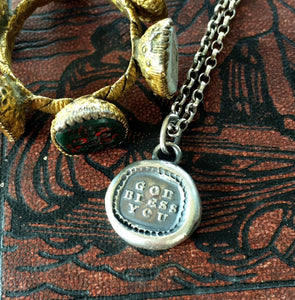 God Bless You, Antique wax seal jewelry. Sterling religious pendant. Christian blessing. Protection amulet.