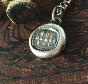 God Bless You, Antique wax seal jewelry. Sterling religious pendant. Christian blessing. Protection amulet.