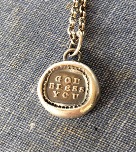 God Bless You, Antique wax seal jewelry. Sterling religious pendant. Christian blessing. Protection amulet.