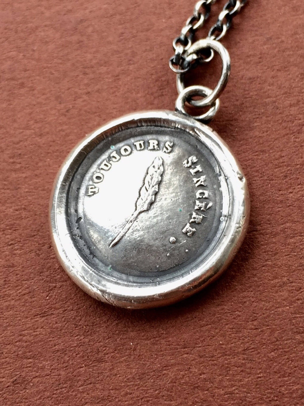 Quill pendant, Antique wax letter seal pendant. 'Always sincere'.