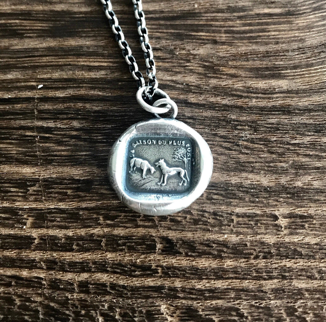 wolf pendant, wolf and lamb. Antique wax letter seal jewelry. Aesop's fable.  Meaningful jewellery, Tyranny must not win.