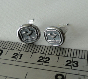 Tiny Sterling Silver, Wax seal impression, antique Pliny&#39;s doves earrings studs