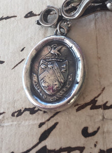 Sterling antique wax letter seal. Wonderful  Heraldry seal with swans, latin motto.  I bid you beware.  Caution, statement pendant.