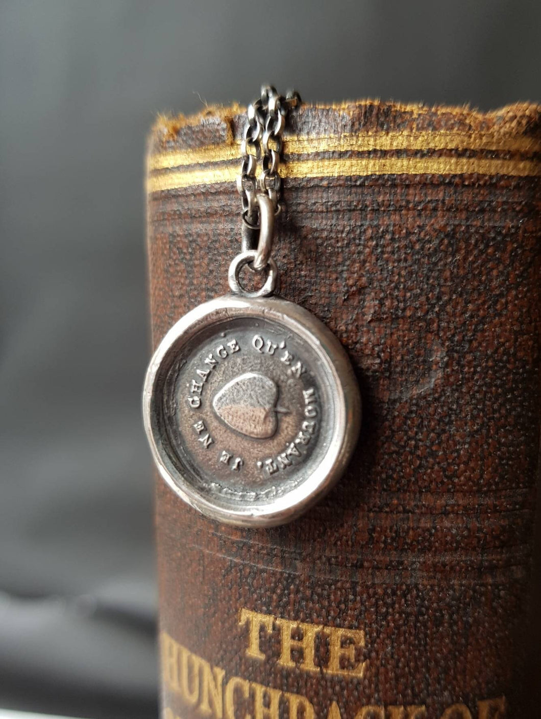 Oak leaf pendant. I remain faithful. Je ne change  qu'en mourant. Antique wax seal pendant.