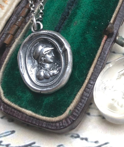 Minerva, Goddess of wisdom, creativity, handicrafts and poetry. Sterling silver Antique wax letter seal pendant.