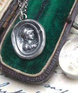 Minerva, Goddess of wisdom, creativity, handicrafts and poetry. Sterling silver Antique wax letter seal pendant.