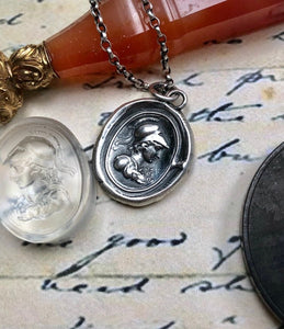 Minerva, Goddess of wisdom, creativity, handicrafts and poetry. Sterling silver Antique wax letter seal pendant.