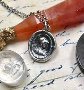 Minerva, Goddess of wisdom, creativity, handicrafts and poetry. Sterling silver Antique wax letter seal pendant.