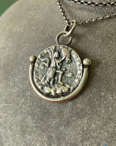 Aquarius  handmade sterling silver pendant. Zodiac sign coin necklace.