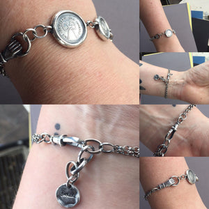 Victorian style bracelet, charm bracelet with antique wax letter seal amulets. solid silver chunky bracelet.