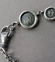 Load image into Gallery viewer, Victorian style bracelet, charm bracelet with antique wax letter seal amulets. solid silver chunky bracelet.