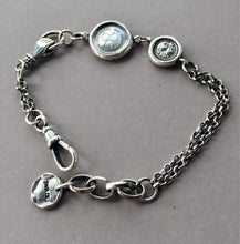 Load image into Gallery viewer, Victorian style bracelet, charm bracelet with antique wax letter seal amulets. solid silver chunky bracelet.