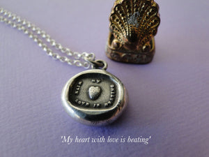 My Heart with love is beating….. sterling silver, wax letter seal impression. Rebus puzzle, love, romantic, heart, love, meaningful jewelry