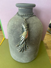 Load image into Gallery viewer, Monster Memento Mori , Victorian mourning hand pendant and chain.  Hand holding wrath.  Enormous statement  sterling silver pendant .