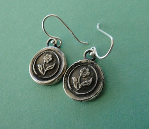 Forget me not flower, (single flower image), wax seal, sterling silver, dangle earrings.